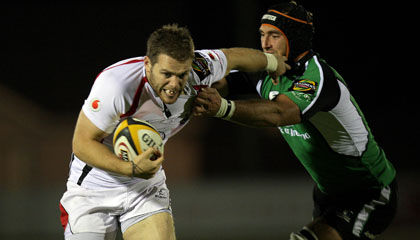 Ulster try scorer Darren Cave gets away from Connacht's John Muldoon