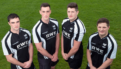 Pictured L-R are Calum Davies, Adam Williams, Rory Thornton and Jordan Collier after they signed development contracts with the Ospreys