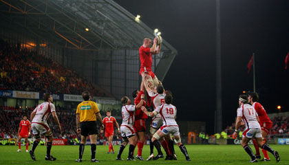 Munster captain Paul O'Connell wins a lineout ball