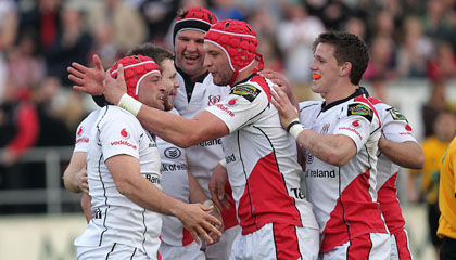 Try scorer Rory Best is congratulated by his Ulster team-mates