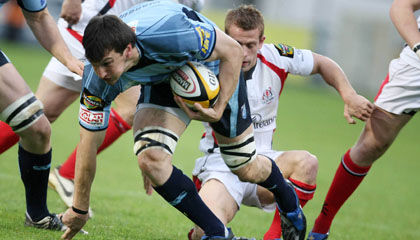 Cardiff flanker Sam Warburton takes the ball on