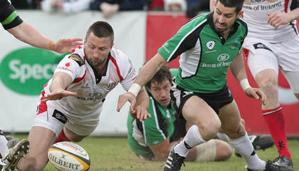 Simon Danielli dives for the ball to score Ulster's first try