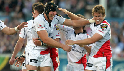 Try scorer Stephen Ferris celebrates with Niall O'Connor