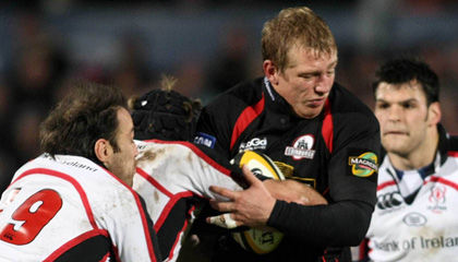 Edinburgh try scorer Matt Dey is closed down by the Ulster defence