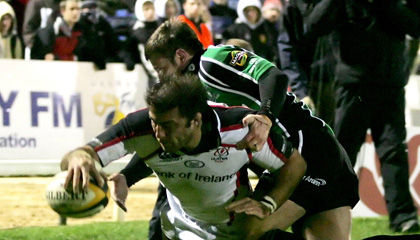Ulster's Kieron Dawson scoring at the Sportsground