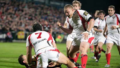 Ulster celebrate David Pollock's try