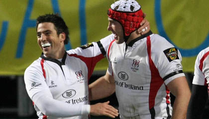 Stephen Ferris celebrates his try with Ian Humphreys