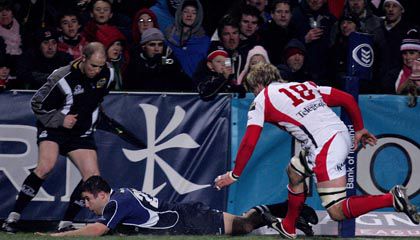 Replacement winger Simon Keogh gets over for Leinster's second try