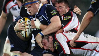 Leinster's Jamie Heaslip tries to hold onto possession at Ravenhill